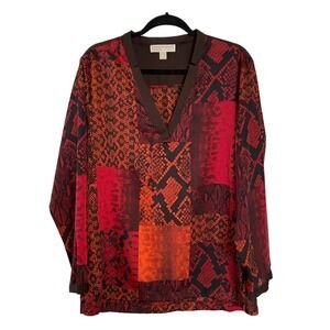 MICHAEL Michael Kors Womens Snakeskin Print Red Orange Blouse Satin Feel Size M